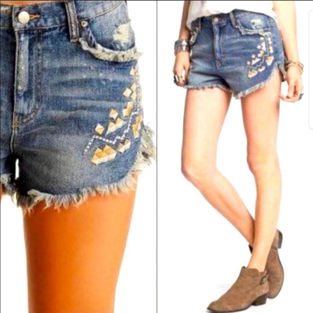 Free People Boho Embroidered Jean Shorts